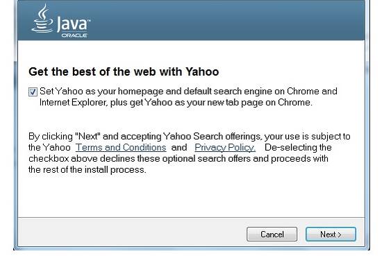 Oracle on päättänyt korvata Ask:n Yahoo:lla! Java päivityksissä kuvankaappaus Oracle on päättänyt korvata Ask:n Yahoo:lla! Java päivityksissä kuvankaappaus