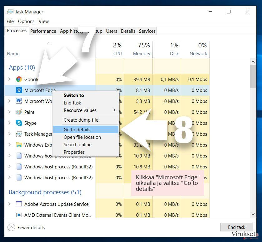 Klikkaa 'Microsoft Edge' oikealla ja valitse 'Go to details' Klikkaa 'Microsoft Edge' oikealla ja valitse 'Go to details'