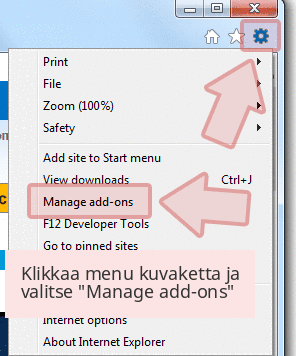 Klikkaa menu kuvaketta ja valitse 'Manage add-ons' Klikkaa menu kuvaketta ja valitse 'Manage add-ons'