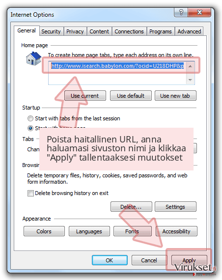 Poista haitallinen URL, anna haluamasi sivuston nimi ja klikkaa 'Apply' tallentaaksesi muutokset Poista haitallinen URL, anna haluamasi sivuston nimi ja klikkaa 'Apply' tallentaaksesi muutokset