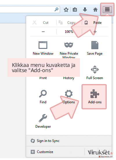 Klikkaa menu kuvaketta ja valitse 'Add-ons' Klikkaa menu kuvaketta ja valitse 'Add-ons'