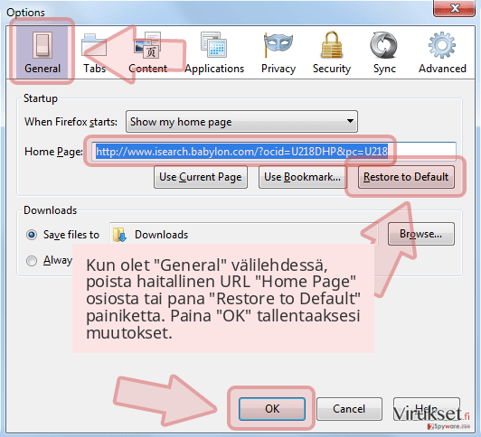 Kun olet 'General' välilehdessä, poista haitallinen URL 'Home Page' osiosta tai pana 'Restore to Default' painiketta. Paina 'OK' tallentaaksesi muutokset. Kun olet 'General' välilehdessä, poista haitallinen URL 'Home Page' osiosta tai pana 'Restore to Default' painiketta. Paina 'OK' tallentaaksesi muutokset.