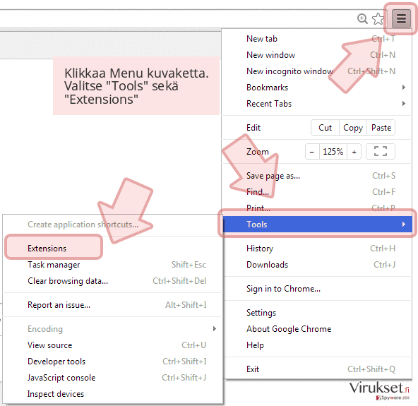 Klikkaa Menu kuvaketta. Valitse 'Tools' sekä 'Extensions' Klikkaa Menu kuvaketta. Valitse 'Tools' sekä 'Extensions'