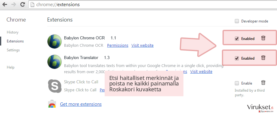 Etsi haitalliset merkinnät ja poista ne kaikki painamalla Roskakori kuvaketta Etsi haitalliset merkinnät ja poista ne kaikki painamalla Roskakori kuvaketta