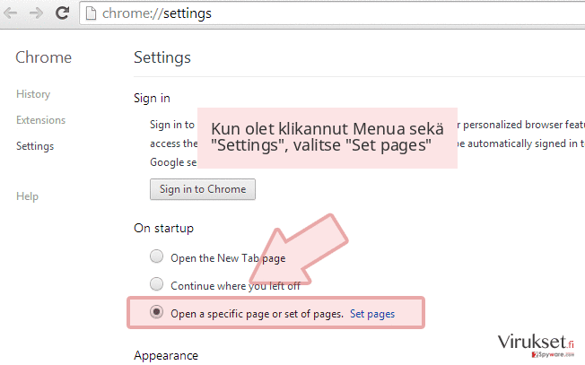 Kun olet klikannut Menua sekä 'Settings', valitse 'Set pages' Kun olet klikannut Menua sekä 'Settings', valitse 'Set pages'