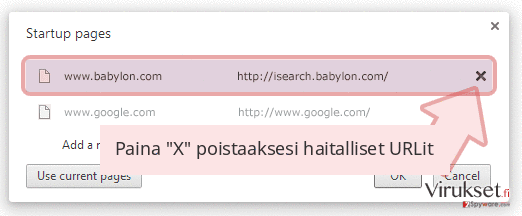 Paina 'X' poistaaksesi haitalliset URLit Paina 'X' poistaaksesi haitalliset URLit