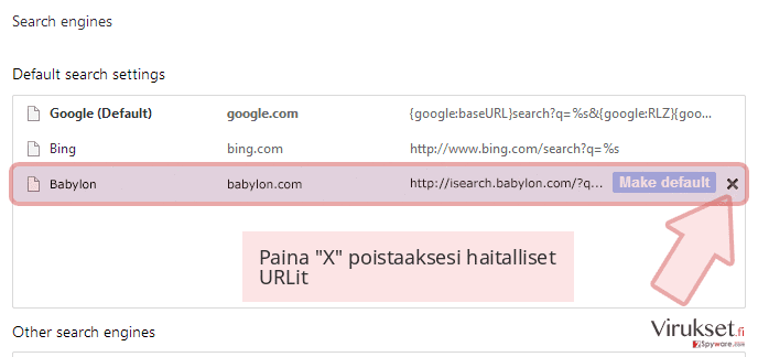 Paina 'X' poistaaksesi haitalliset URLit Paina 'X' poistaaksesi haitalliset URLit