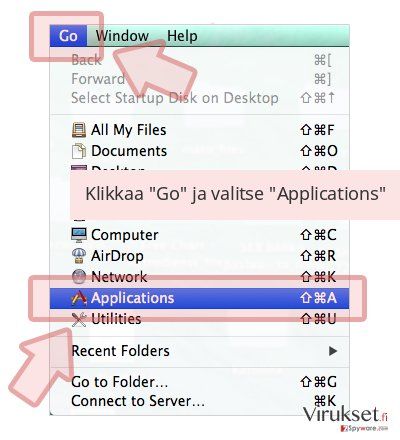 Klikkaa 'Go' ja valitse 'Applications' Klikkaa 'Go' ja valitse 'Applications'