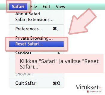 Klikkaa 'Safari' ja valitse 'Reset Safari...' Klikkaa 'Safari' ja valitse 'Reset Safari...'