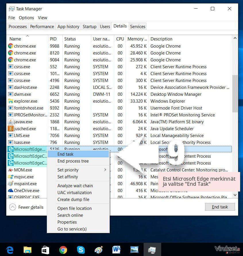 Etsi Microsoft Edge merkinnät ja valitse 'End Task' Etsi Microsoft Edge merkinnät ja valitse 'End Task'