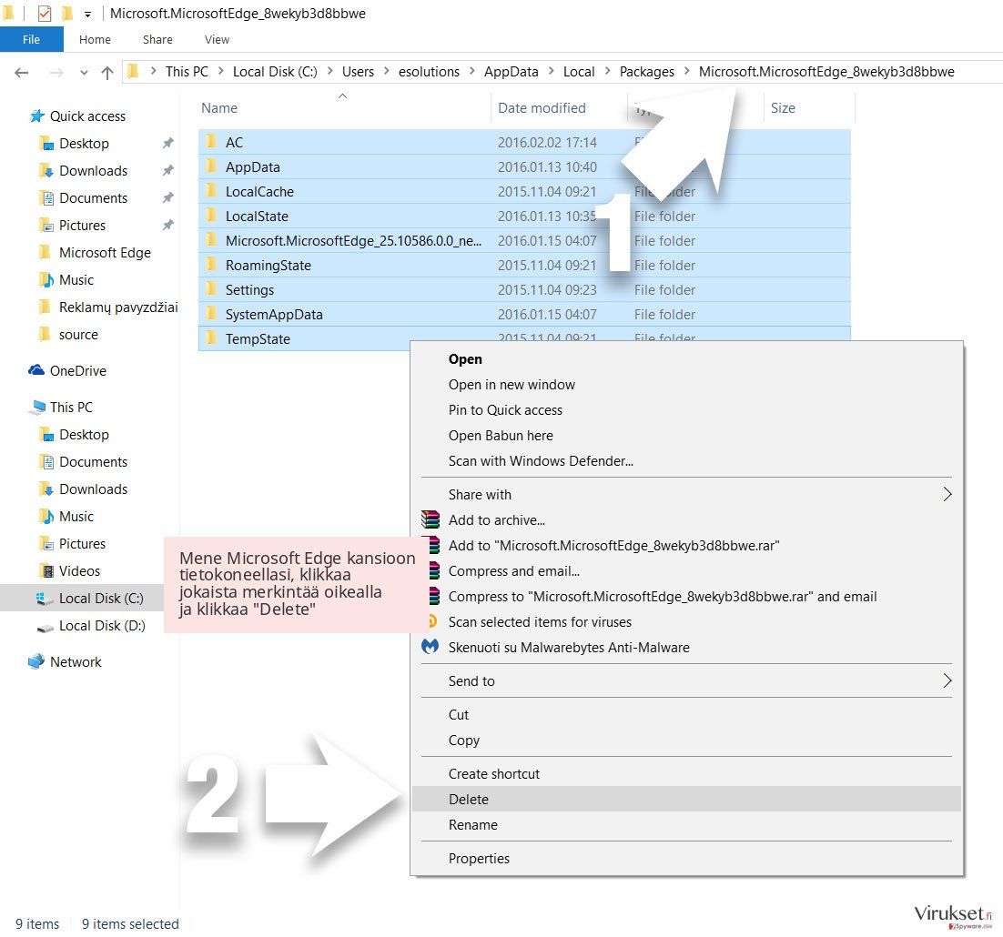 Mene Microsoft Edge kansioon tietokoneellasi, klikkaa jokaista merkintää oikealla ja klikkaa 'Delete' Mene Microsoft Edge kansioon tietokoneellasi, klikkaa jokaista merkintää oikealla ja klikkaa 'Delete'