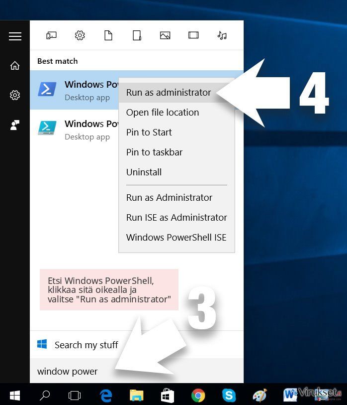 Etsi Windows PowerShell, klikkaa sitä oikealla ja valitse 'Run as administrator' Etsi Windows PowerShell, klikkaa sitä oikealla ja valitse 'Run as administrator'