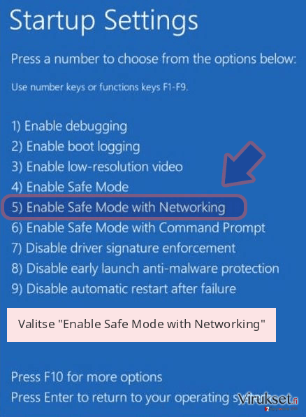 Valitse 'Enable Safe Mode with Networking' Valitse 'Enable Safe Mode with Networking'