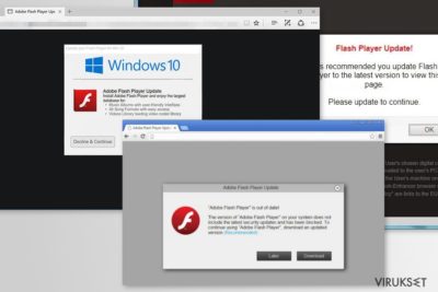 Esimerkkejä Adobe Flash Player is out of date huijauksesta