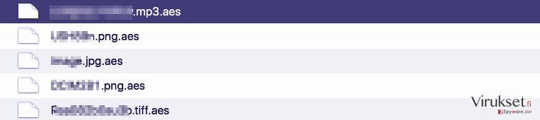 Vortex lunnasohjelma viruksen salaamat tiedostot nimetään uudelleen: virus lisää .aes tiedosto päätteen.