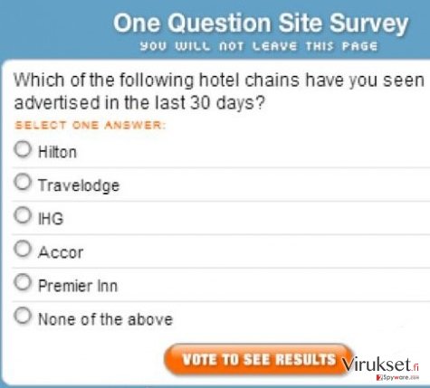 “One Question Site Survey” pop-up virus kuvankaappaus “One Question Site Survey” pop-up virus kuvankaappaus