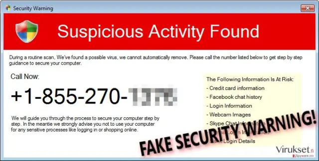Security Warning (Fake) scam pop-up message