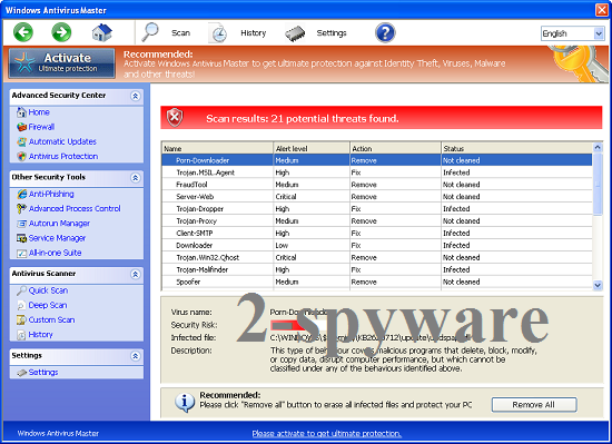 Windows Antivirus Master kuvankaappaus Windows Antivirus Master kuvankaappaus