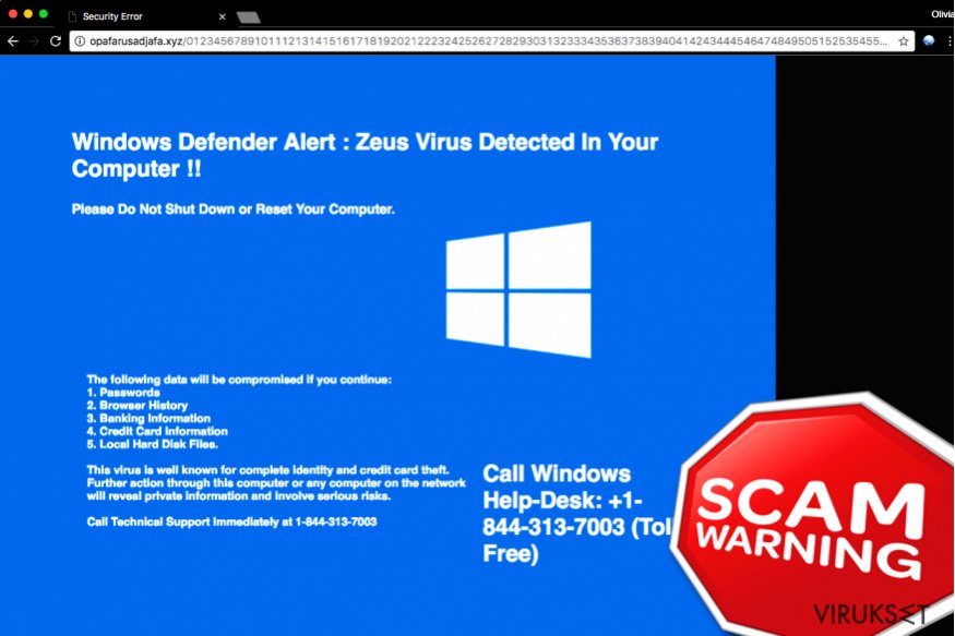 "Windows Defender Alert: Zeus Virus" Teknisen tuen huijaus "Windows Defender Alert: Zeus Virus" Teknisen tuen huijaus